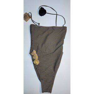 SAME LOS ANGELES One Piece Swimsuit Womens Stripped Sz Small Flower Beige Blue
